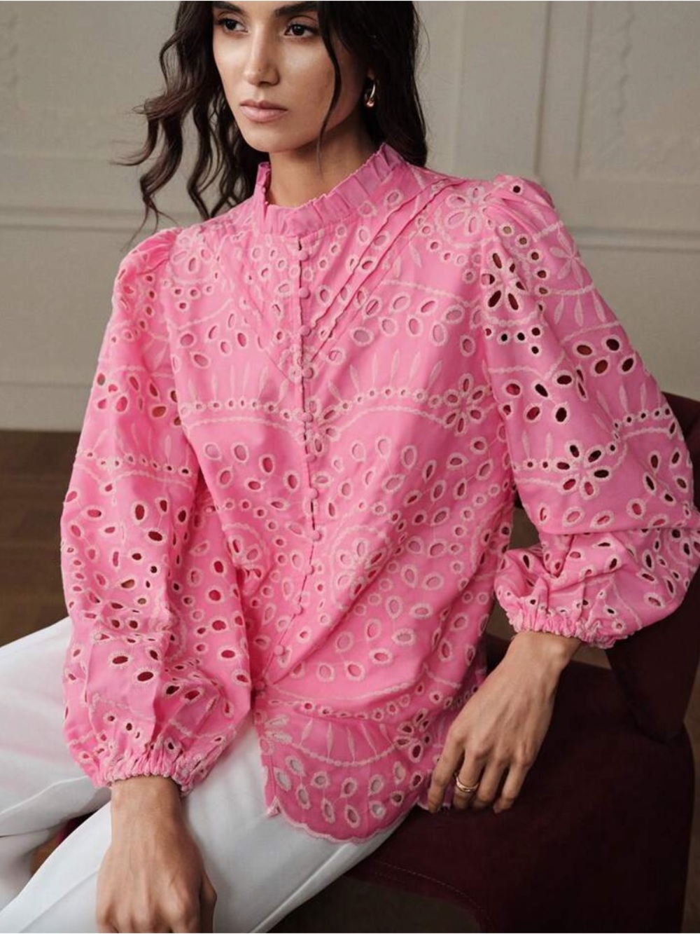 Avalon French Pink Eyelet Blouse White Embroidered Flowers, Puff Sleeves, L, New